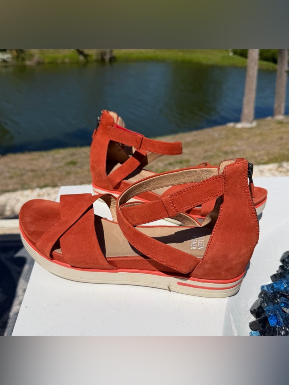 Eileen Fisher Rust Orange Suede Strappy Ankle Sandals - Picture 4 of 13